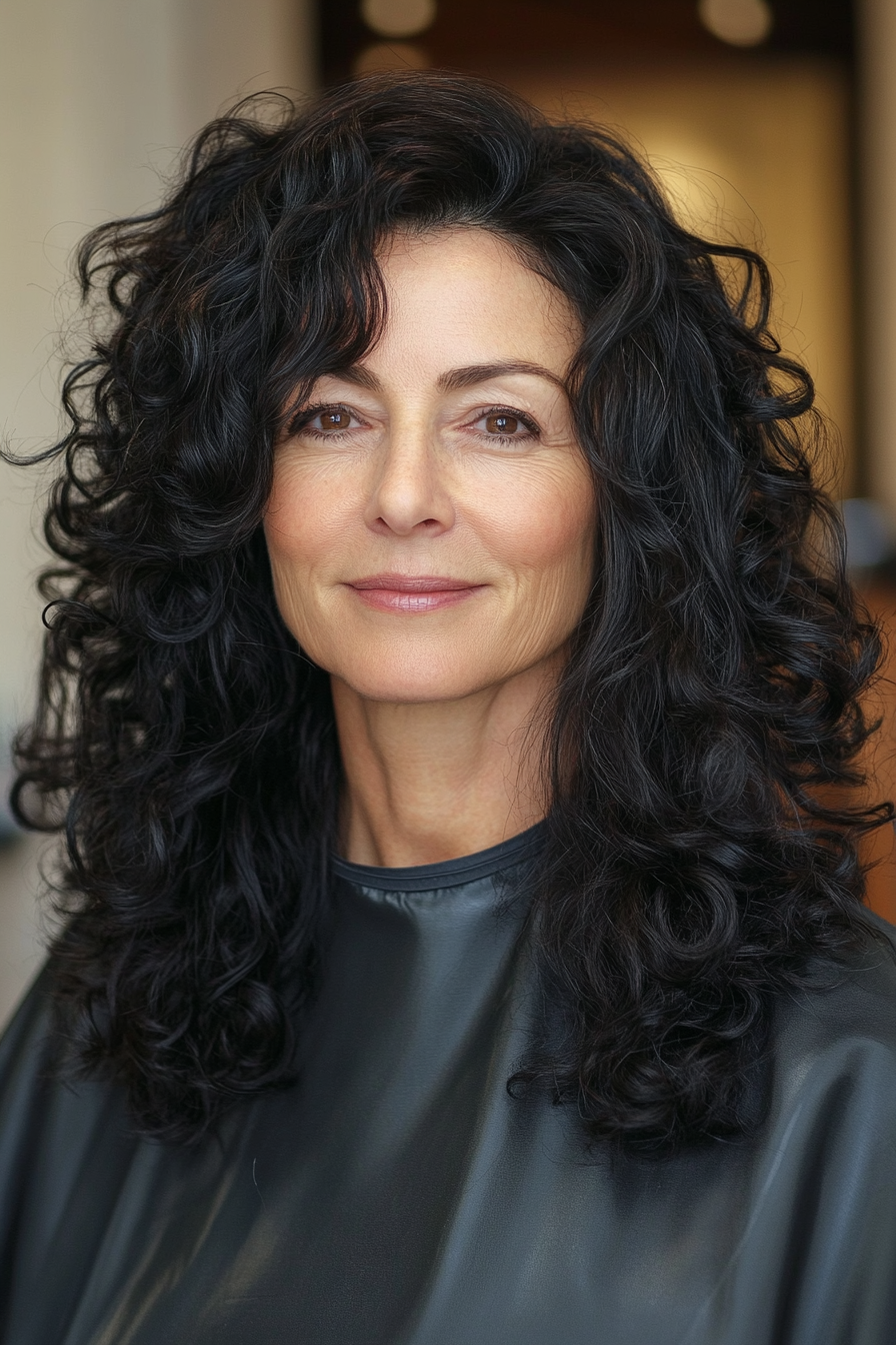 11. Long Curly Waves with Rich Black Color (Hairstyles For Older Women With Curly Hair) - Hairstyles For Older Women With Curly Hair