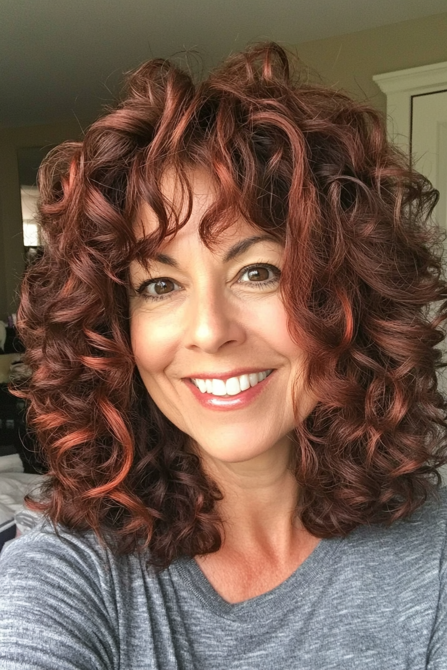 14. Layered Curly Lob with Dark Red Hues (Hairstyles For Older Women With Curly Hair) - Hairstyles For Older Women With Curly Hair