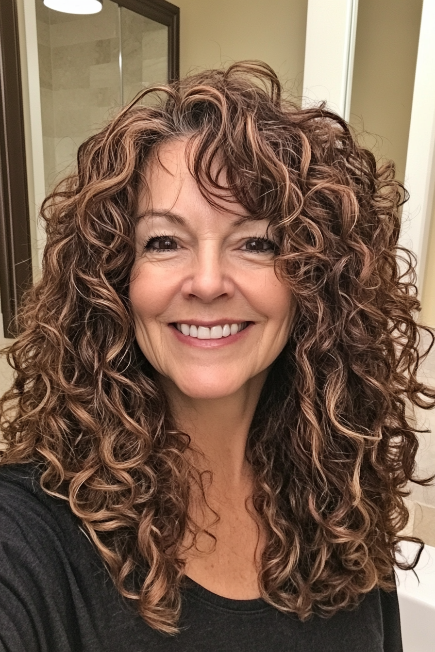 16. Textured Curly Cut with Mahogany Highlights (Hairstyles For Older Women With Curly Hair) - Hairstyles For Older Women With Curly Hair