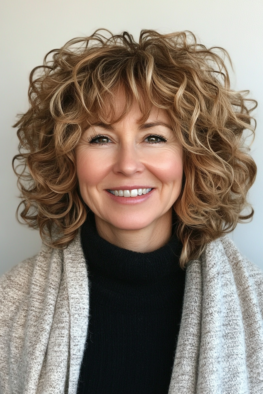17. Curly Shag with Light Caramel Highlights (Hairstyles For Older Women With Curly Hair) - Hairstyles For Older Women With Curly Hair
