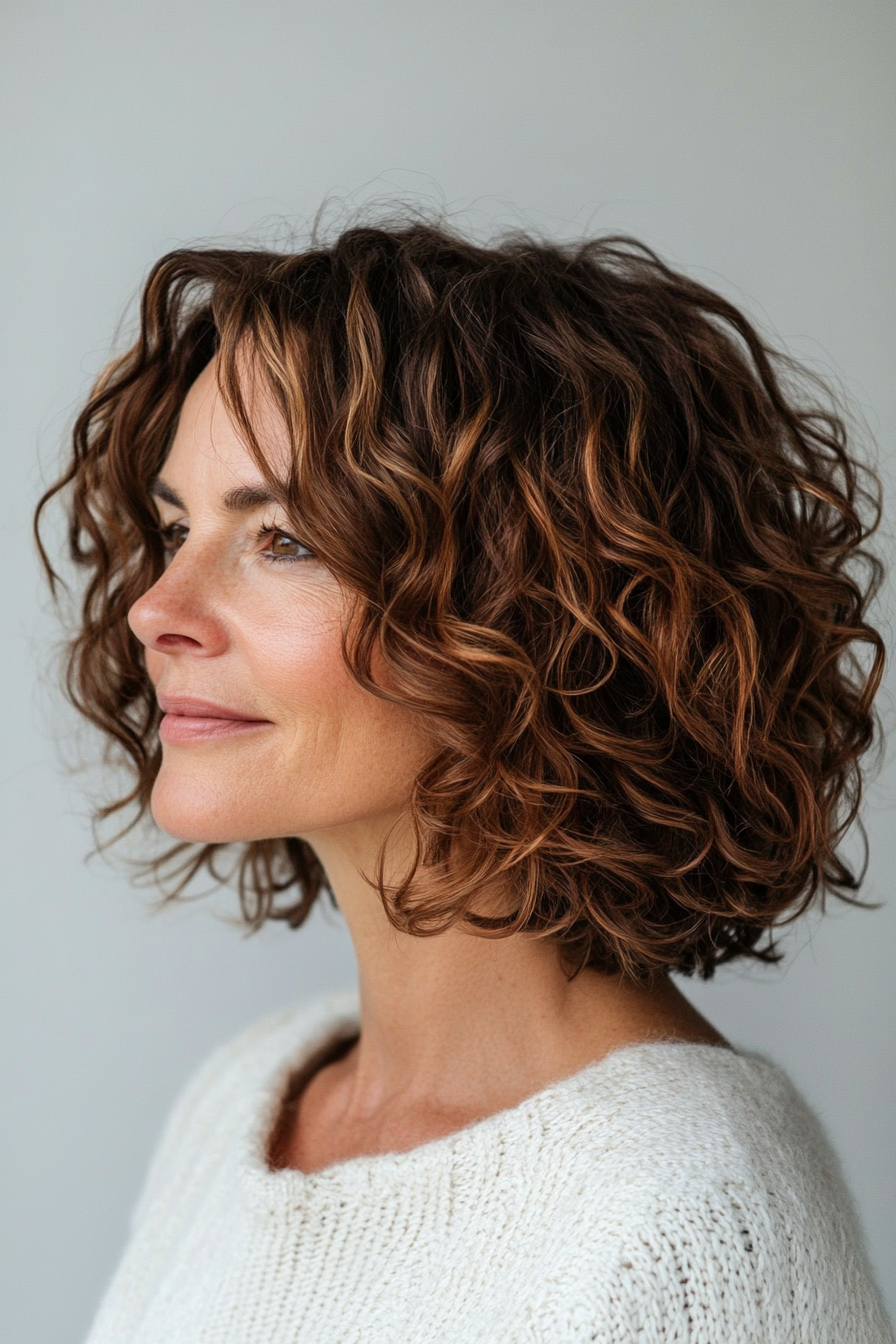 19. Curly Lob with Subtle Copper Tones (Hairstyles For Older Women With Curly Hair) - Hairstyles For Older Women With Curly Hair