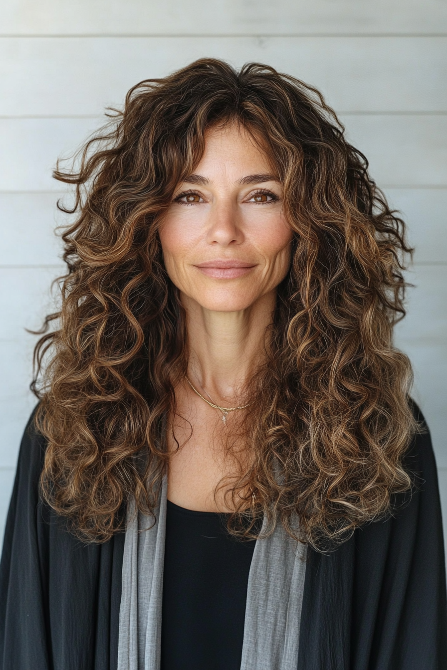 22. Long Curly Layers with Chestnut Brown (Hairstyles For Older Women With Curly Hair) - Hairstyles For Older Women With Curly Hair