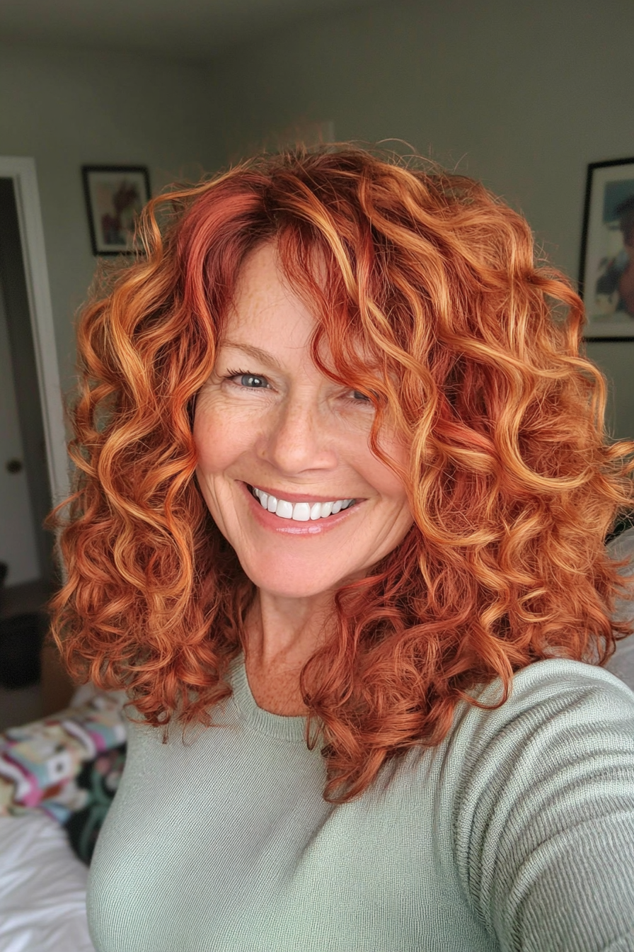 25. Textured Curly Cut with Red Tones (Hairstyles For Older Women With Curly Hair) - Hairstyles For Older Women With Curly Hair