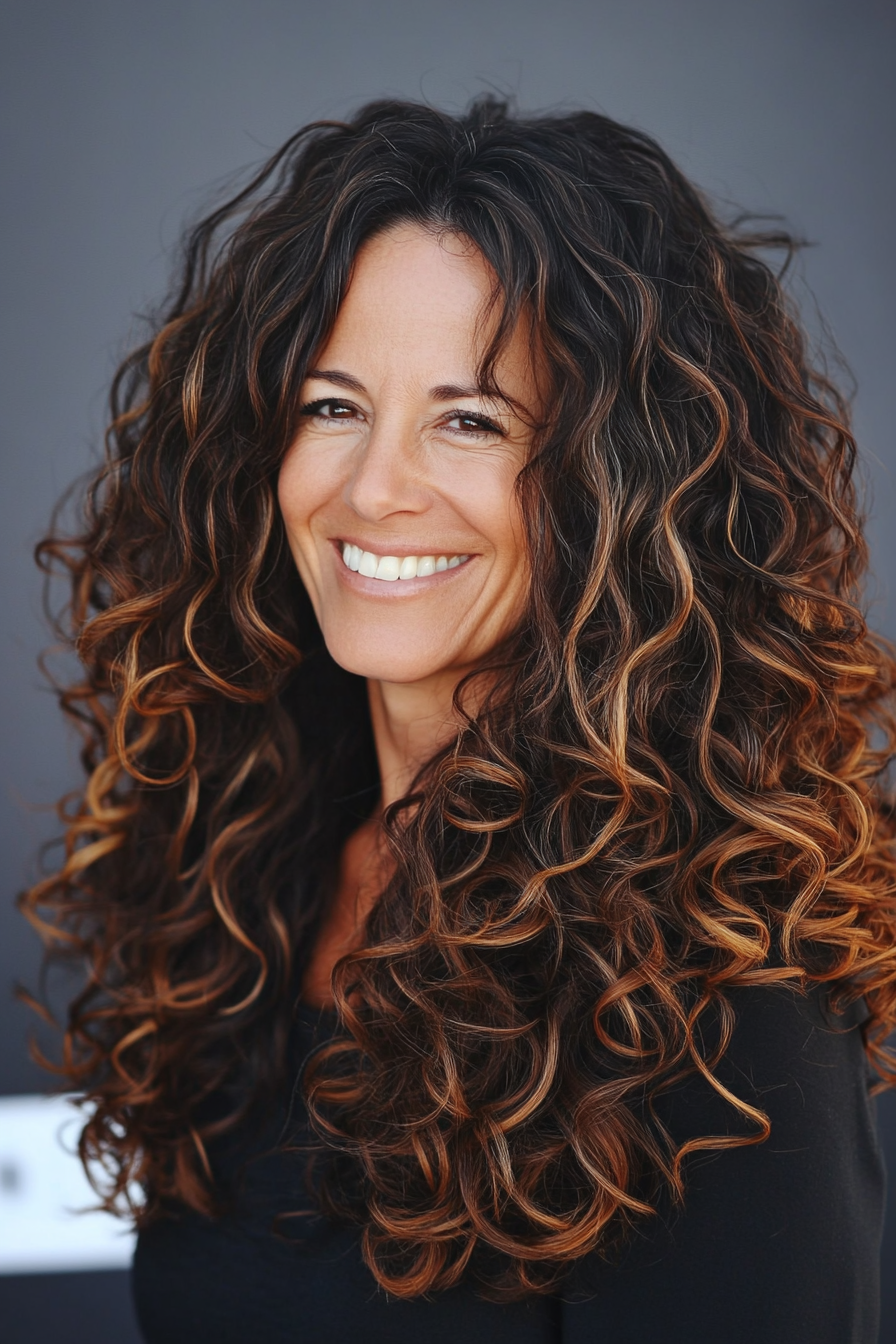 27. Curly Long Layers with Dark Brunette (Hairstyles For Older Women With Curly Hair) - Hairstyles For Older Women With Curly Hair