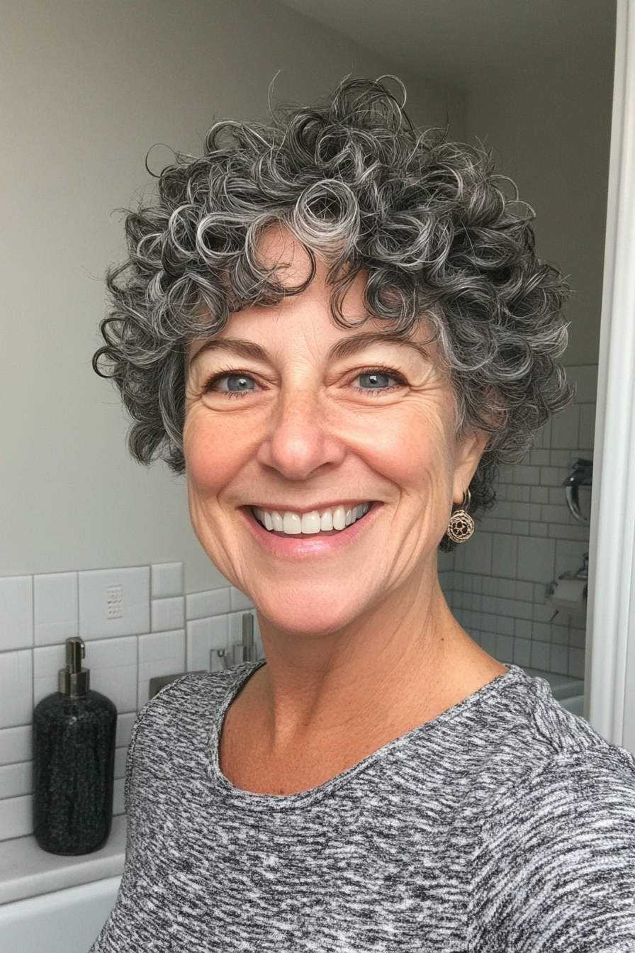 20. Short Curly Cut with Salt and Pepper Shades (Hairstyles For Older Women With Curly Hair) - Hairstyles For Older Women With Curly Hair