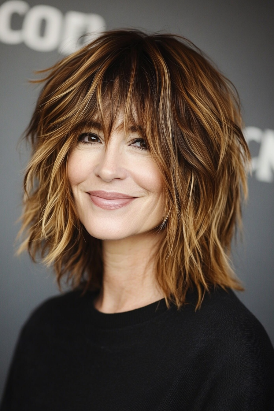 2. Shaggy Lob with Honey Brown Tones (Mid Length Haircuts For Women Over 40) - Mid Length Haircuts For Women Over 40