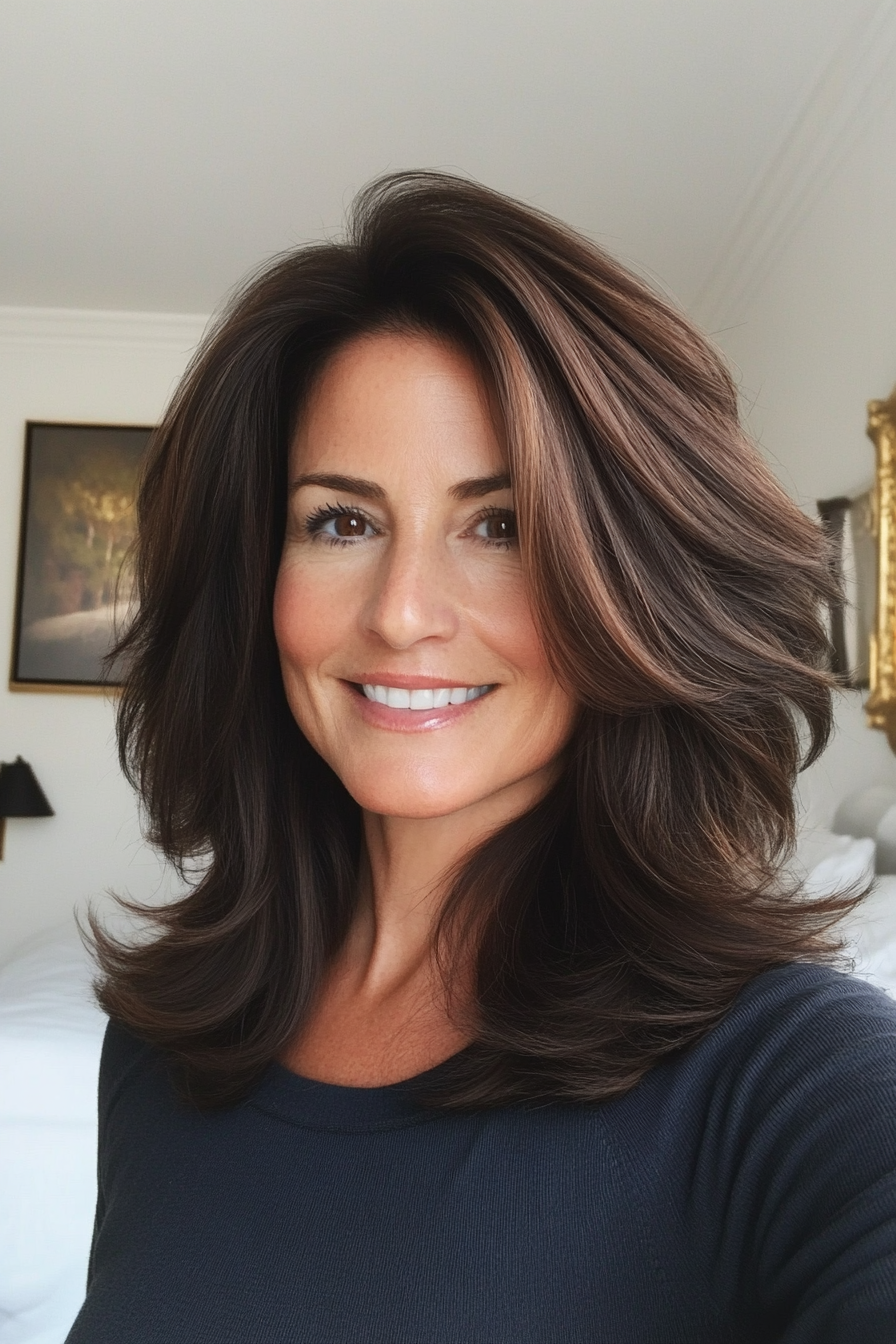 3. Textured Medium Cut with Dark Brown (Mid Length Haircuts For Women Over 40) - Mid Length Haircuts For Women Over 40