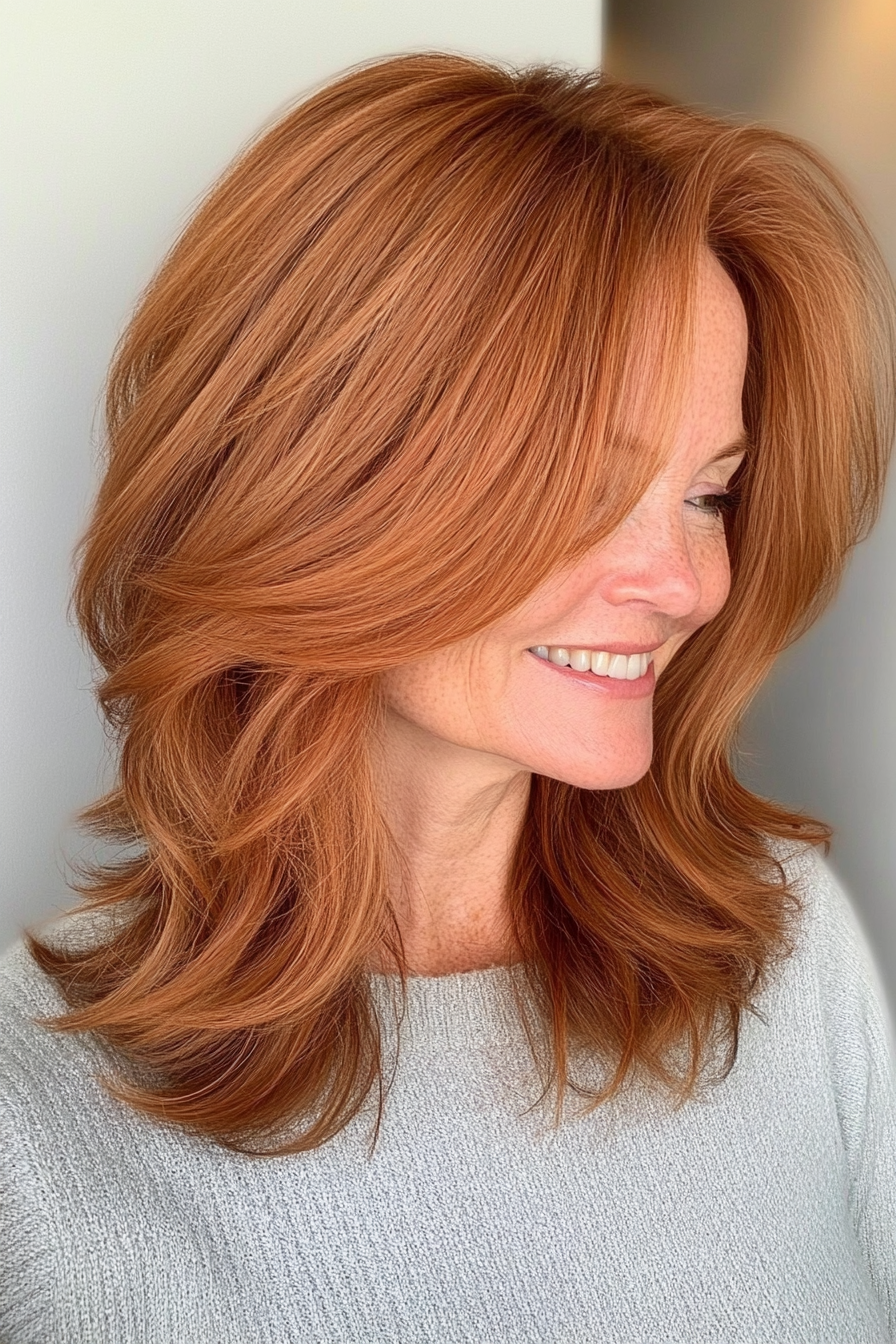 5. Layered Cut with Soft Auburn Tones (Mid Length Haircuts For Women Over 40) - Mid Length Haircuts For Women Over 40