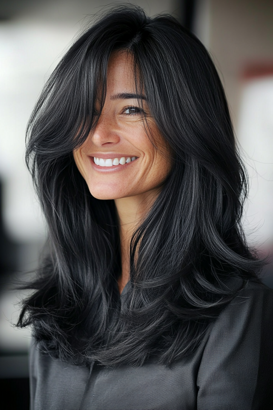 8. Long Layers with Soft Black Color (Mid Length Haircuts For Women Over 40) - Mid Length Haircuts For Women Over 40