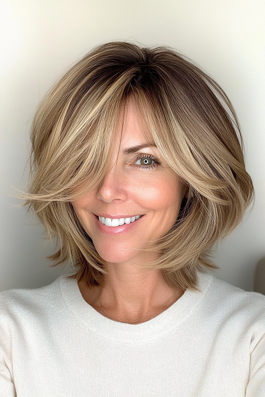 9. Feathered Bob with Natural Dark Blonde (Mid Length Haircuts For Women Over 40) - Mid Length Haircuts For Women Over 40