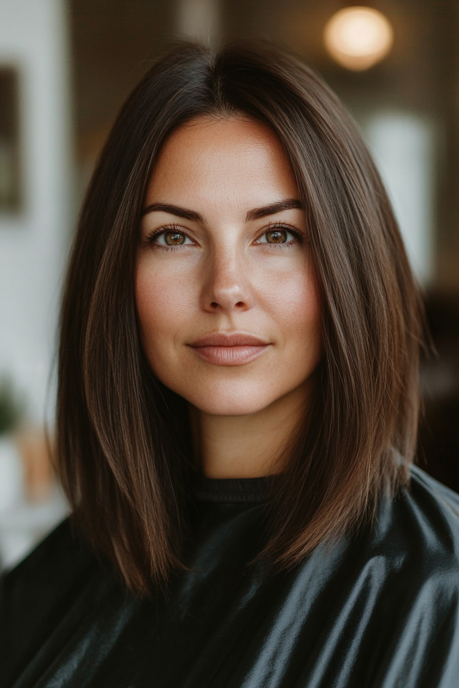 10. Sleek, Straight Cut with Soft Brown (Mid Length Haircuts For Women Over 40) - Mid Length Haircuts For Women Over 40