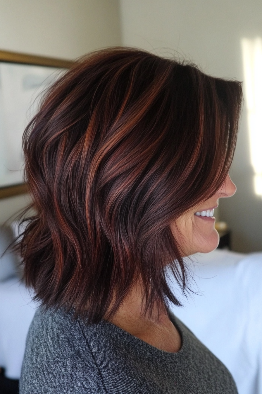 11. Choppy Lob with Rich Mahogany Tones (Mid Length Haircuts For Women Over 40) - Mid Length Haircuts For Women Over 40