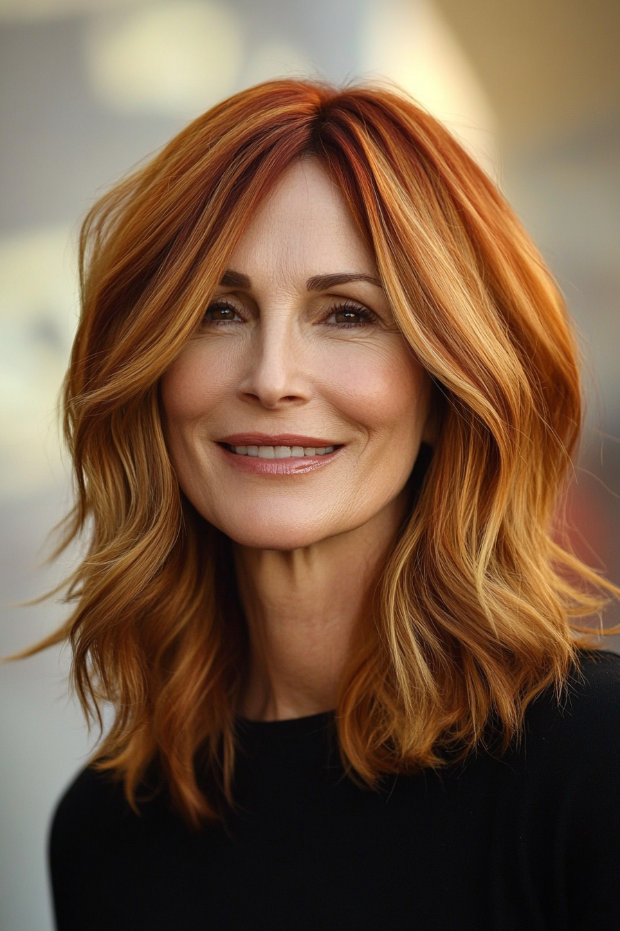 12. Soft Waves with Natural Red Highlights (Mid Length Haircuts For Women Over 40) - Mid Length Haircuts For Women Over 40