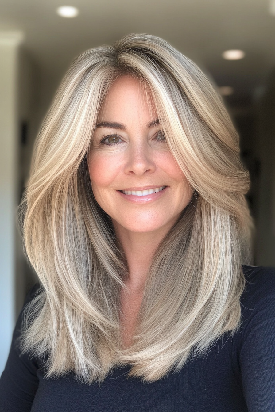 13. Layered Cut with Ash Blonde Tint (Mid Length Haircuts For Women Over 40) - Mid Length Haircuts For Women Over 40