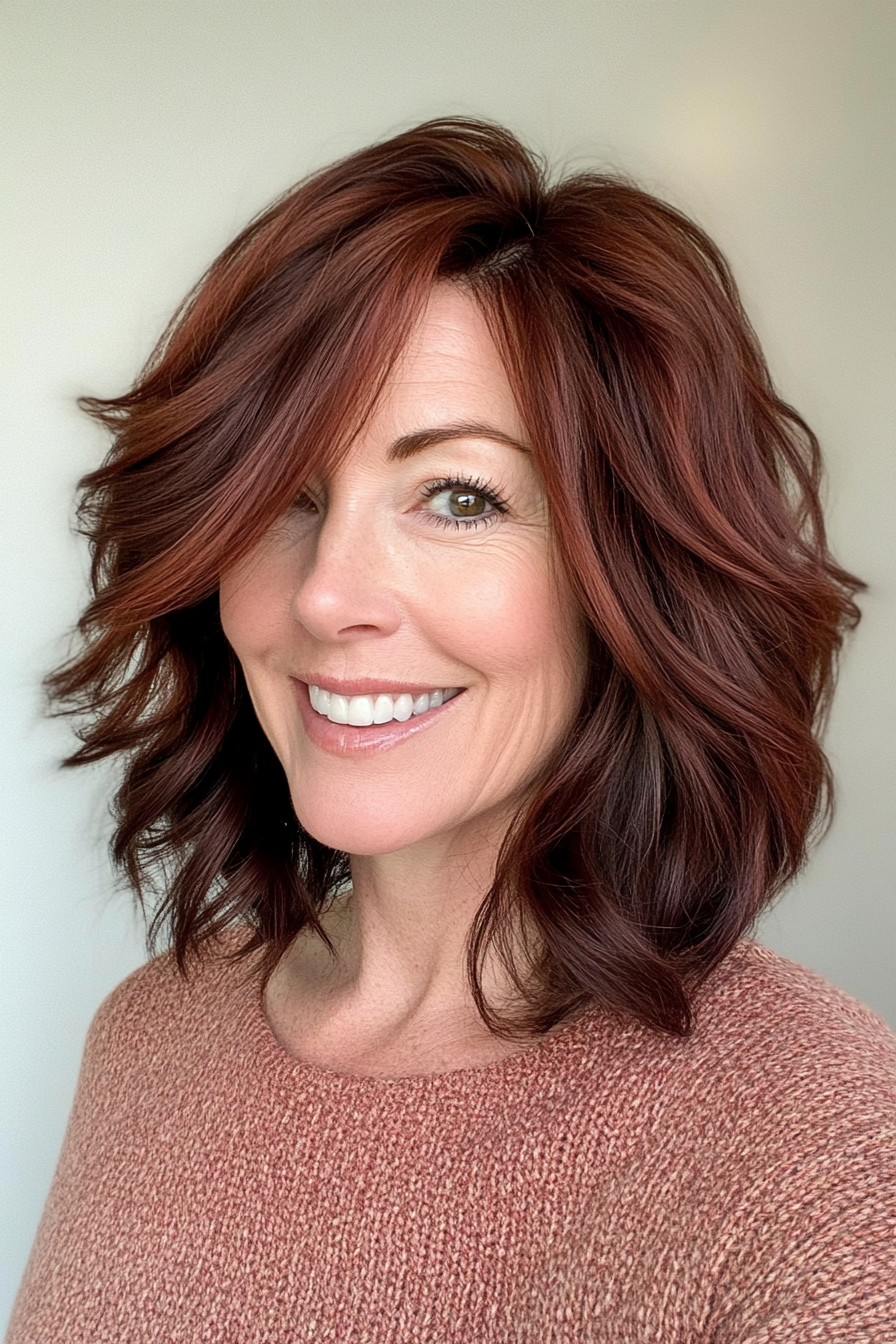 14. Textured Mid-Length with Dark Auburn (Mid Length Haircuts For Women Over 40) - Mid Length Haircuts For Women Over 40