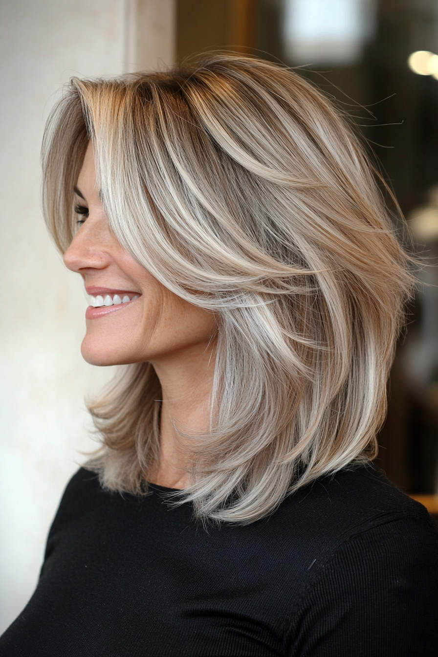 15. Side-Parted Lob with Platinum Blonde (Mid Length Haircuts For Women Over 40) - Mid Length Haircuts For Women Over 40