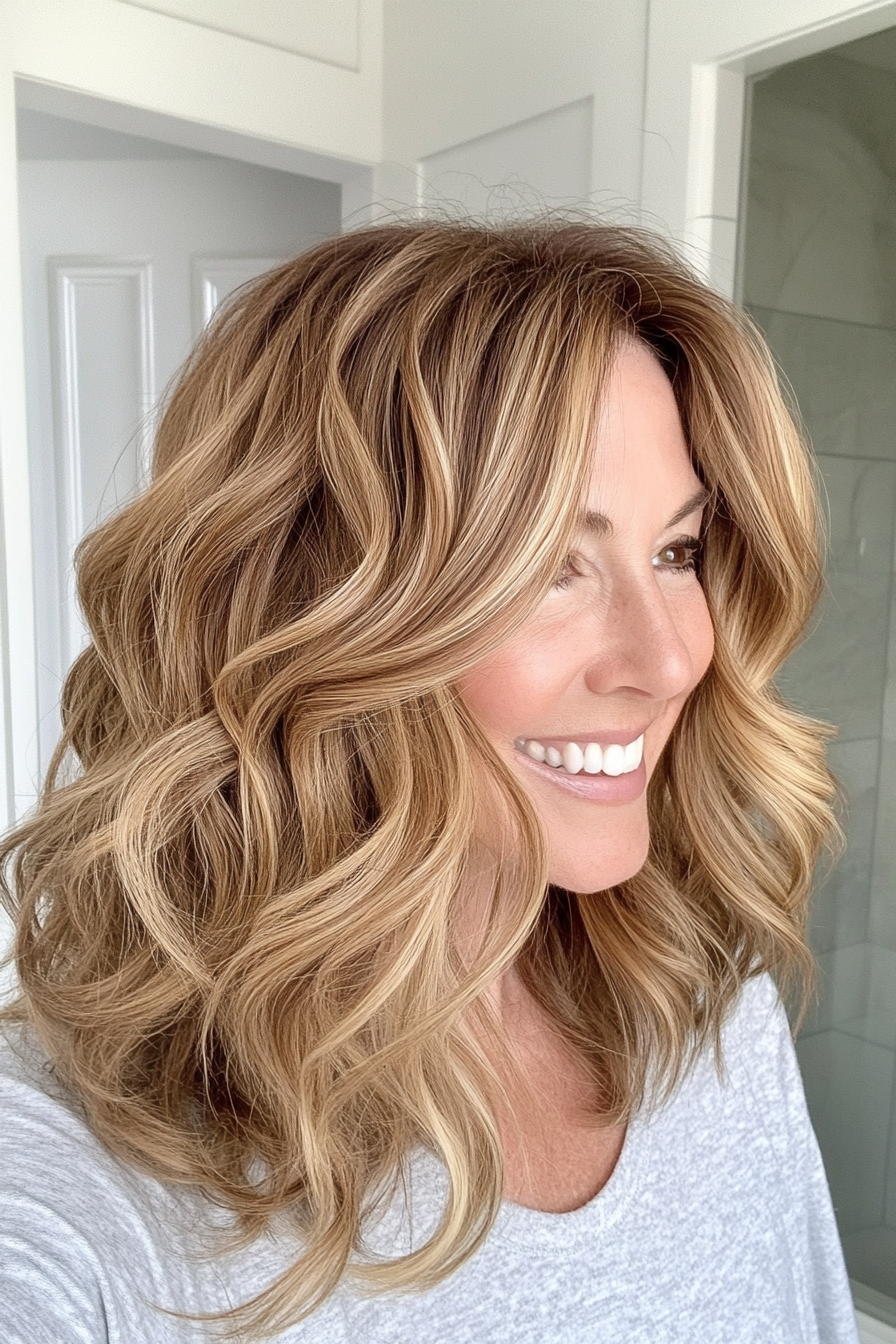 16. Voluminous Waves with Golden Brown (Mid Length Haircuts For Women Over 40) - Mid Length Haircuts For Women Over 40