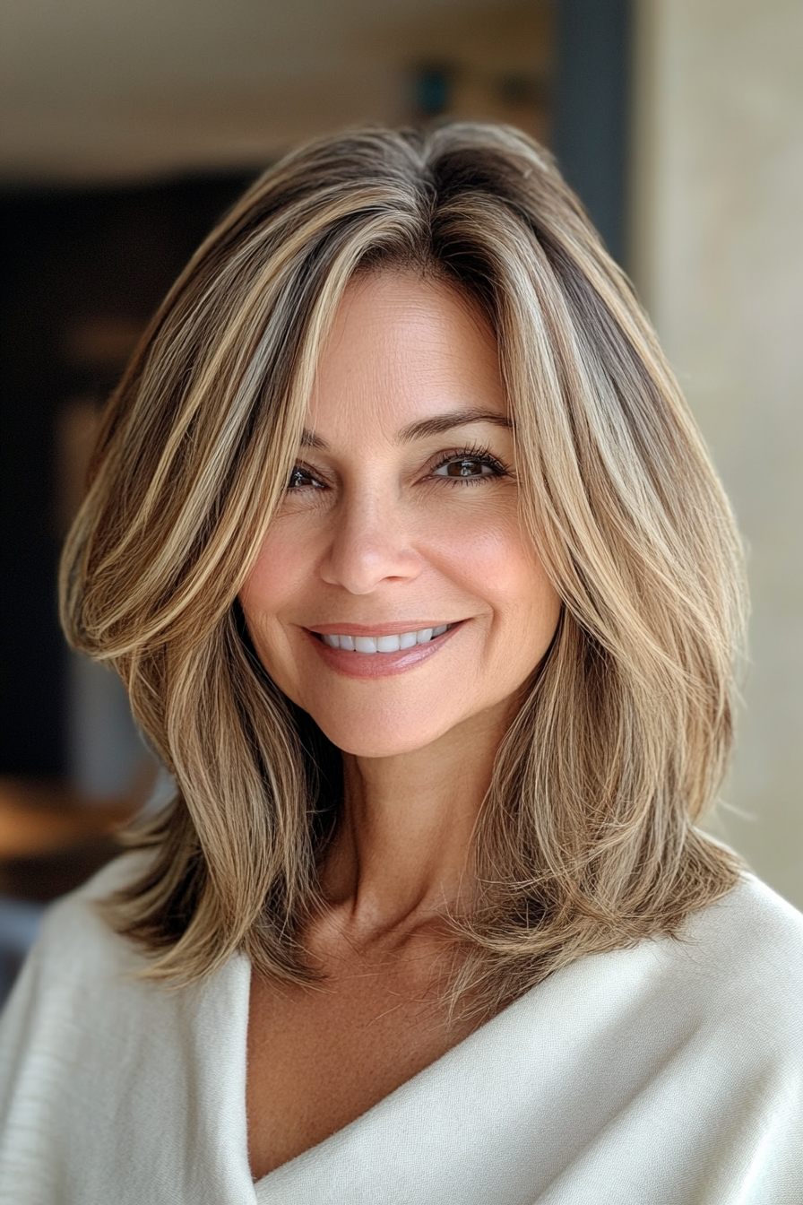 18. Layered Bob with Dark Blonde Highlights (Mid Length Haircuts For Women Over 40) - Mid Length Haircuts For Women Over 40