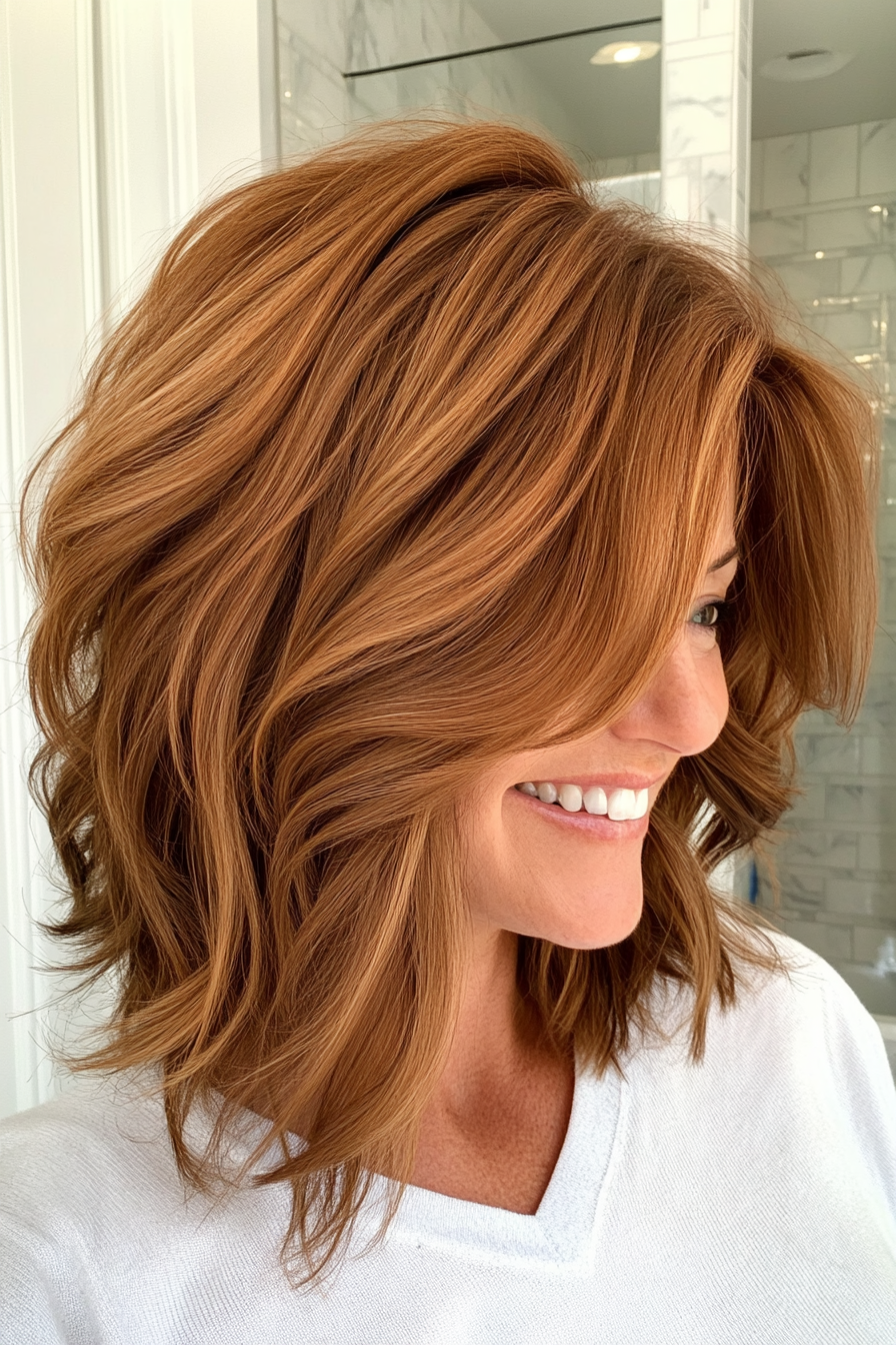 22. Textured Lob with Cinnamon Brown (Mid Length Haircuts For Women Over 40) - Mid Length Haircuts For Women Over 40
