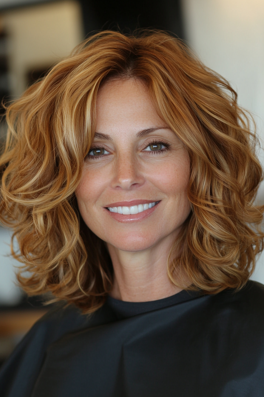 23. Curly Bob with Warm Honey Blonde (Mid Length Haircuts For Women Over 40) - Mid Length Haircuts For Women Over 40