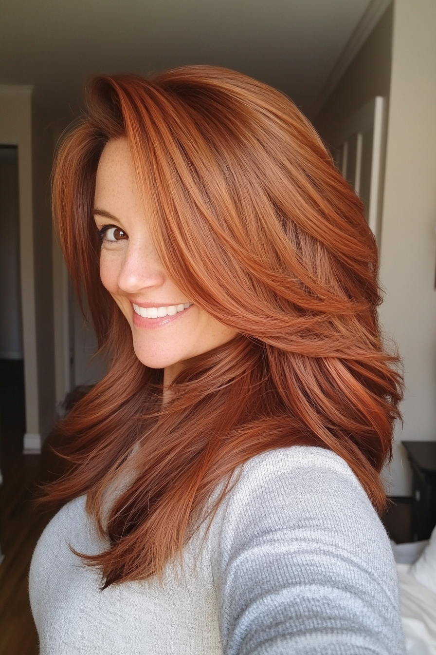 25. Layered Cut with Warm Red Undertones (Mid Length Haircuts For Women Over 40) - Mid Length Haircuts For Women Over 40