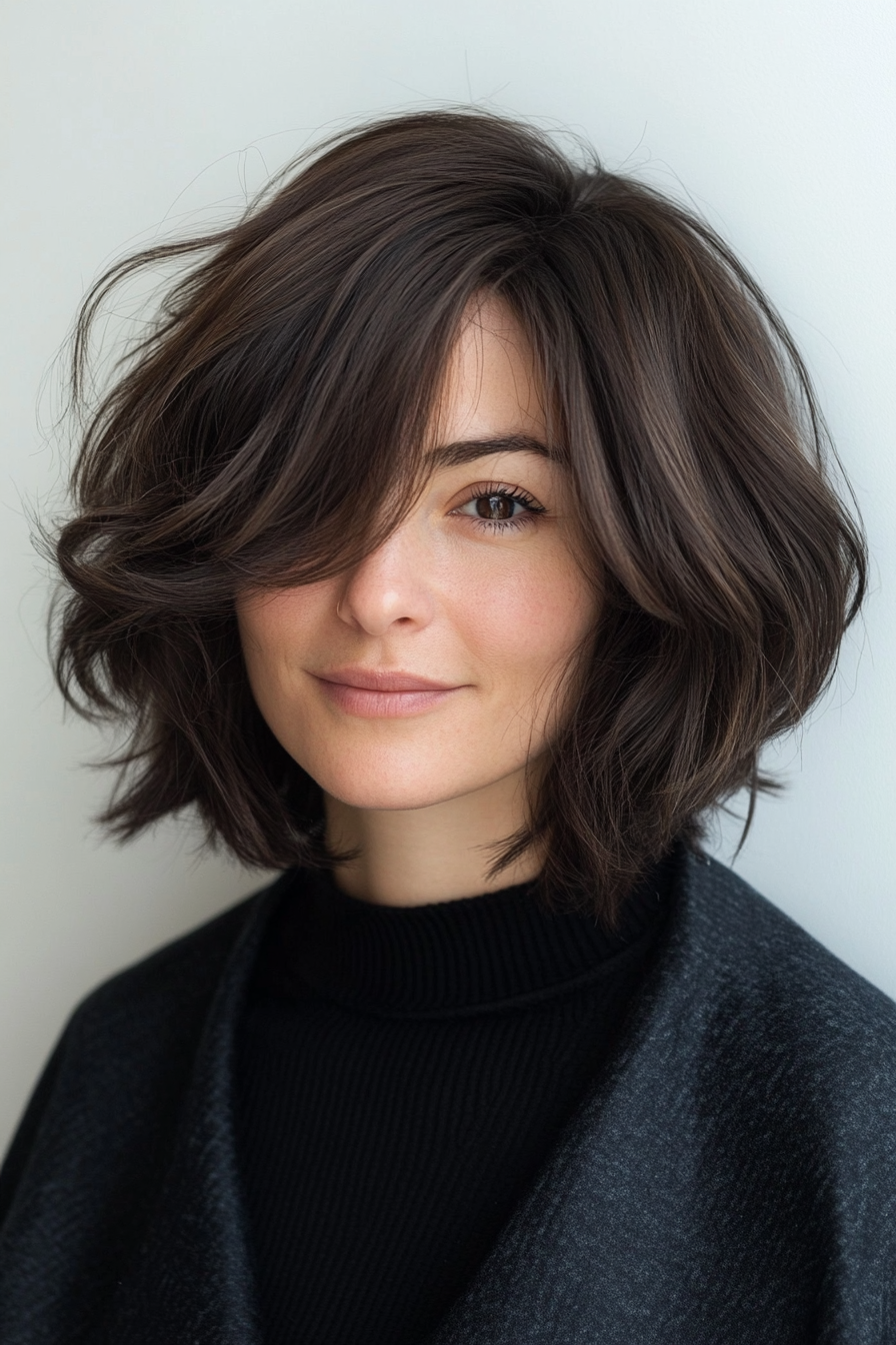 26. Tousled Lob with Natural Dark Brown (Mid Length Haircuts For Women Over 40) - Mid Length Haircuts For Women Over 40
