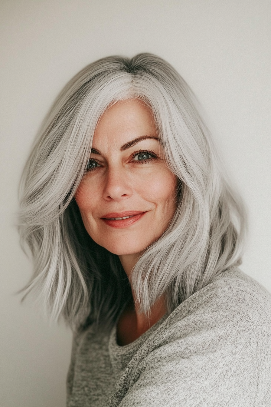 10. Silver Shag with Angled Layers (Shag Hairstyles For Older Women) - Shag Hairstyles For Older Women