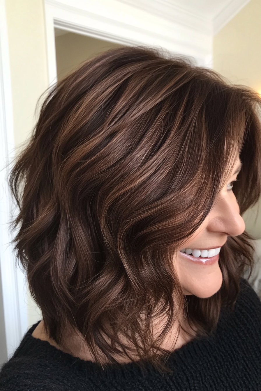 11. Chocolate Brown Shag with Soft Waves (Shag Hairstyles For Older Women) - Shag Hairstyles For Older Women
