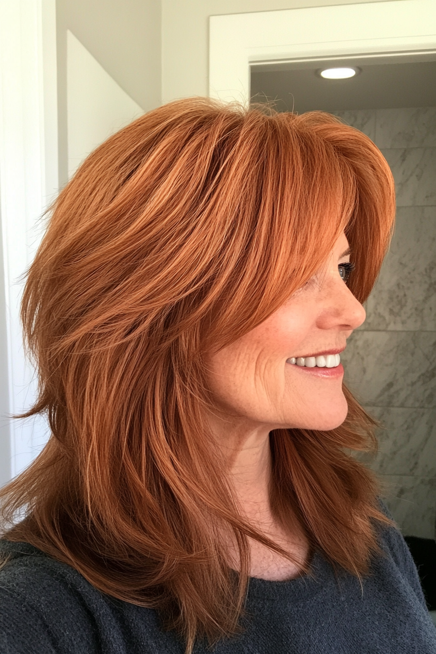 12. Copper Shag with Textured Fringes (Shag Hairstyles For Older Women) - Shag Hairstyles For Older Women