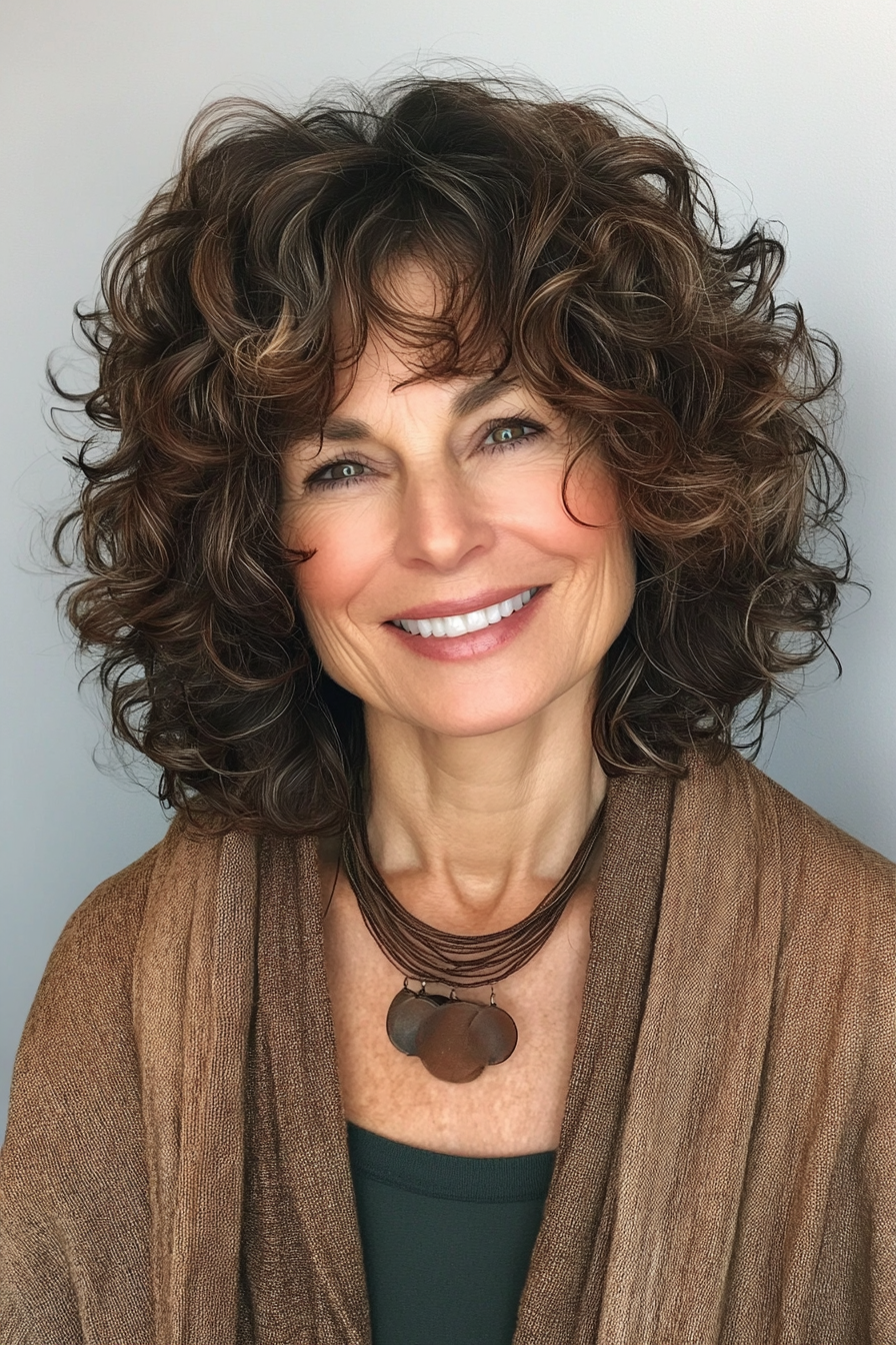 14. Curly Shag with Brown Highlights (Shag Hairstyles For Older Women) - Shag Hairstyles For Older Women