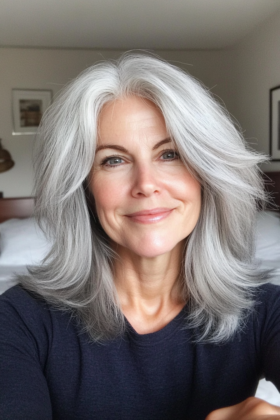 15. Soft Grey Shag with Feathered Ends (Shag Hairstyles For Older Women) - Shag Hairstyles For Older Women