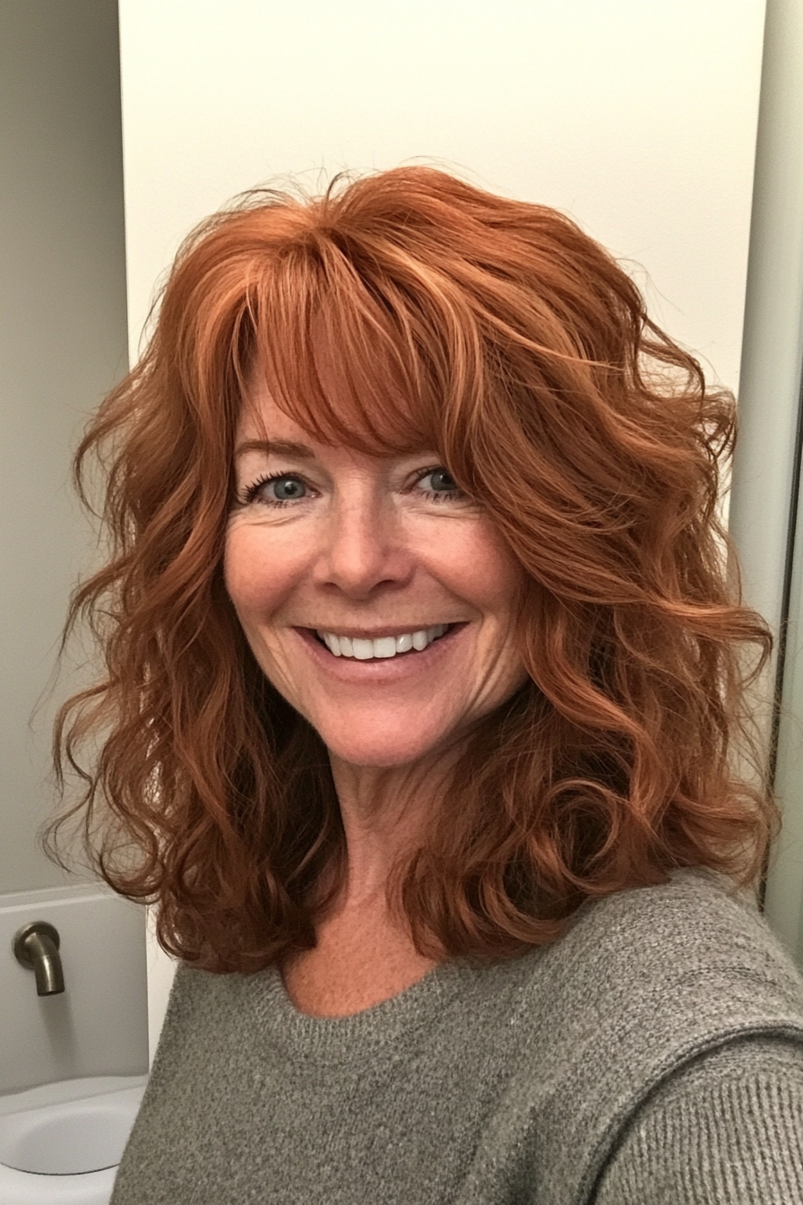 17. Warm Auburn Shag with Tousled Curls (Shag Hairstyles For Older Women) - Shag Hairstyles For Older Women