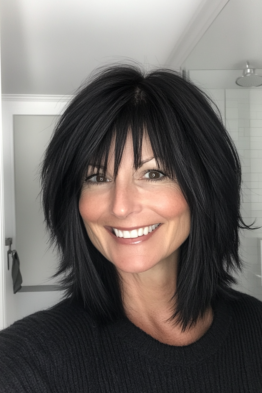 21. Jet Black Shag with Blunt Fringe (Shag Hairstyles For Older Women) - Shag Hairstyles For Older Women