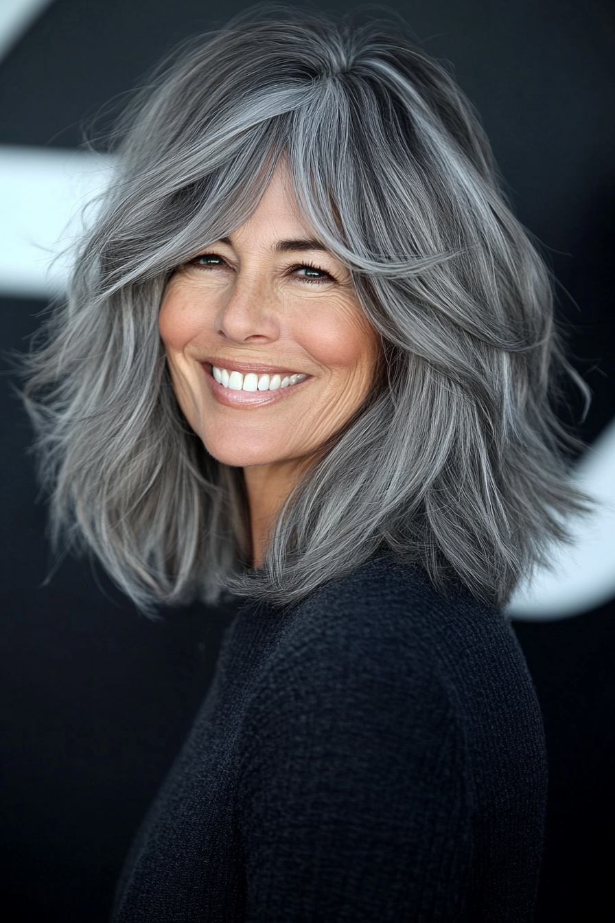 22. Medium Grey Shag with Choppy Layers (Shag Hairstyles For Older Women) - Shag Hairstyles For Older Women