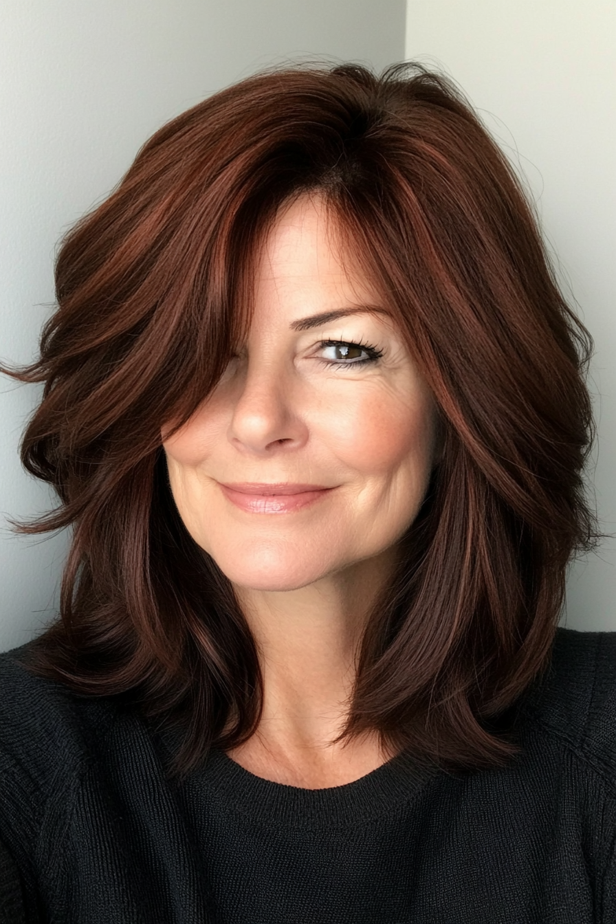 23. Dark Auburn Shag with Swoopy Layers (Shag Hairstyles For Older Women) - Shag Hairstyles For Older Women