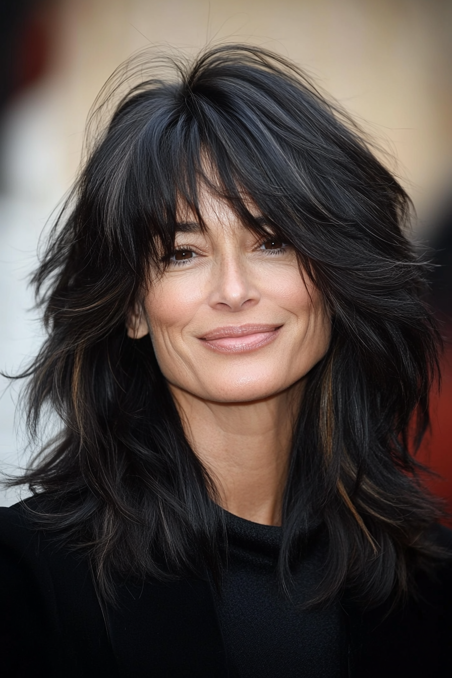24. Soft Black Shag with Subtle Highlights (Shag Hairstyles For Older Women) - Shag Hairstyles For Older Women