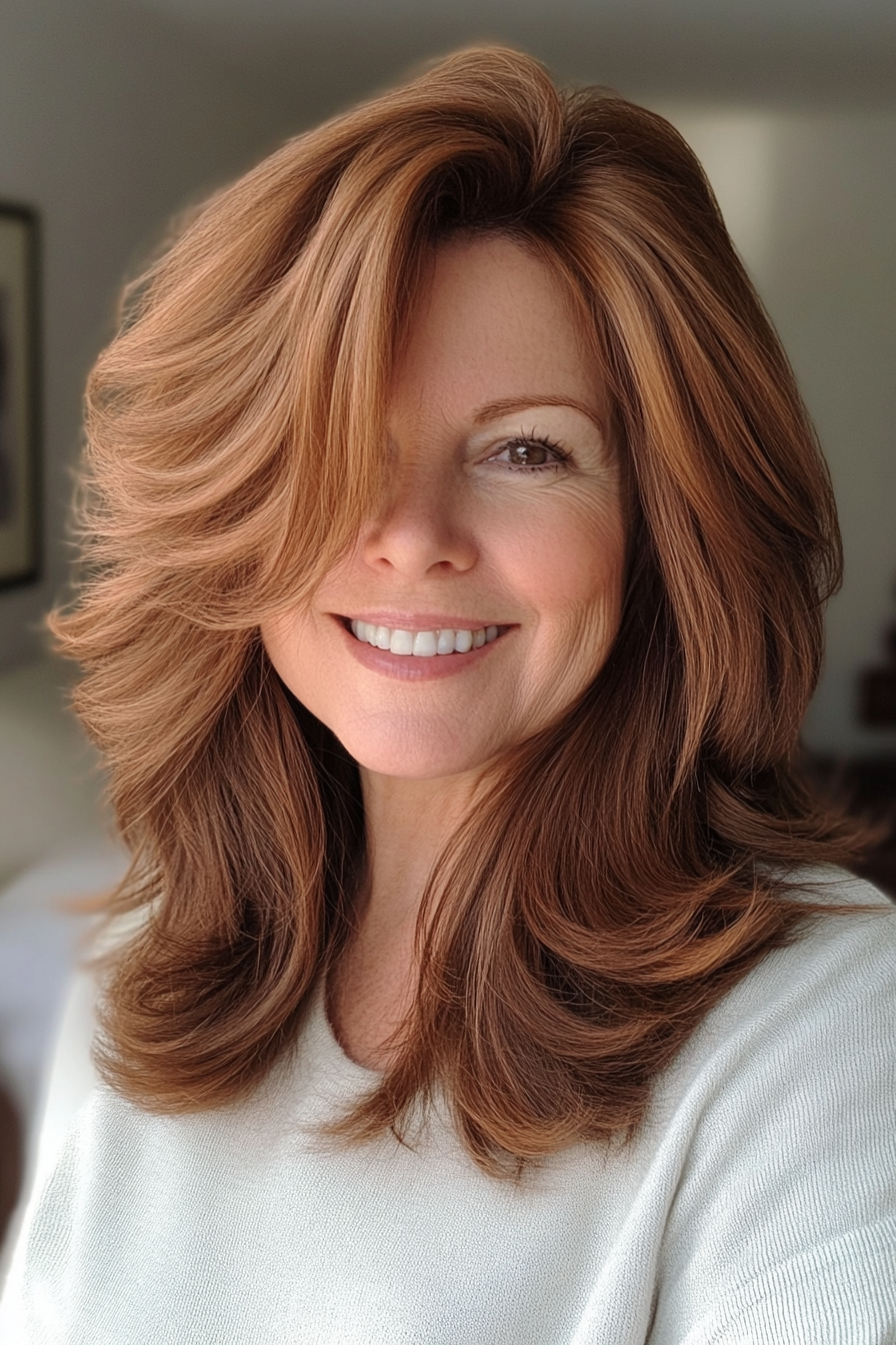26. Chestnut Brown Shag with Volume Layers (Shag Hairstyles For Older Women) - Shag Hairstyles For Older Women