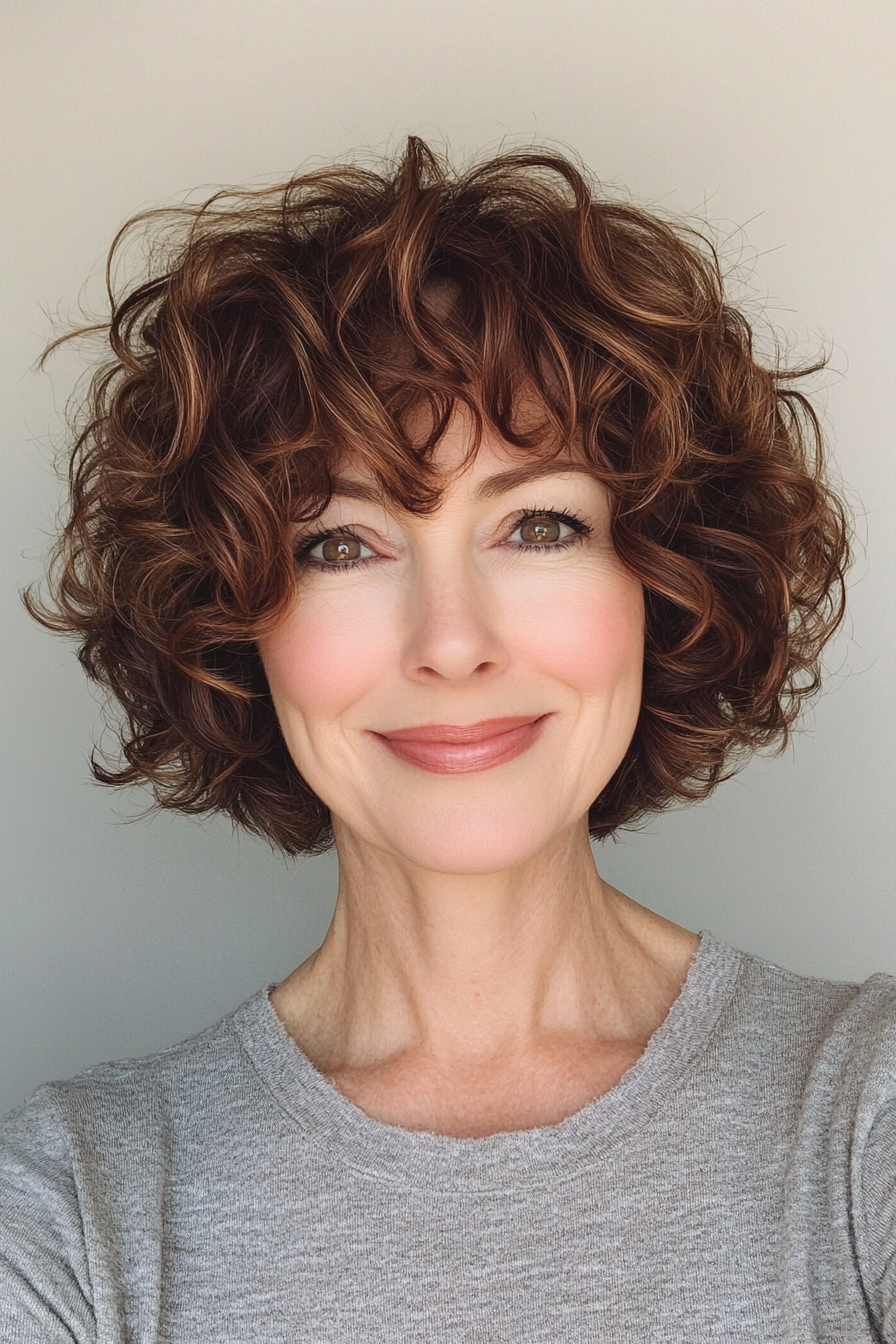 7. Curly Bob with Fringed Bangs (Short Bob Hairstyles For Women Over 60) - Short Bob Hairstyles For Women Over 60