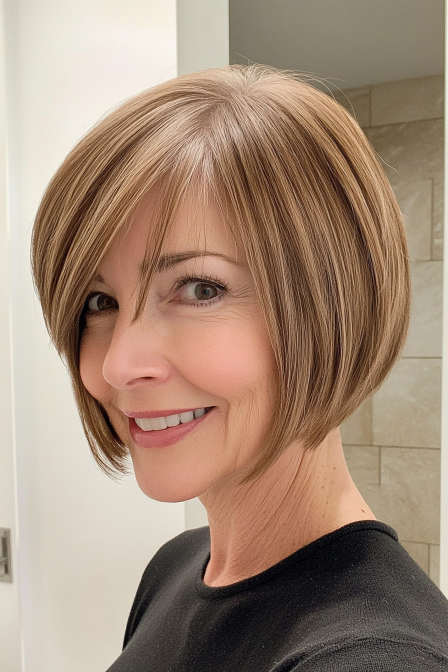 24. Short Bob with Swooping Bangs (Short Bob Hairstyles For Women Over 60) - Short Bob Hairstyles For Women Over 60
