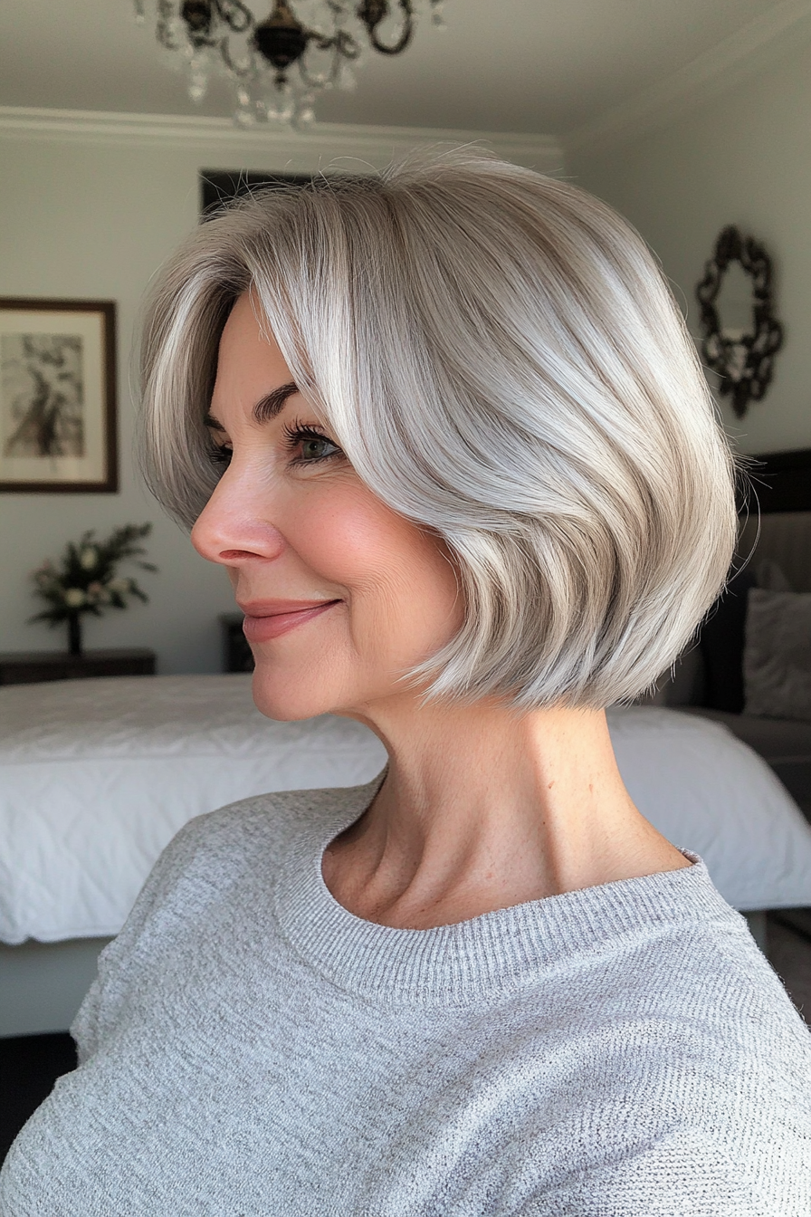 26. Flipped Bob with Natural Silver Tips (Short Bob Hairstyles For Women Over 60) - Short Bob Hairstyles For Women Over 60