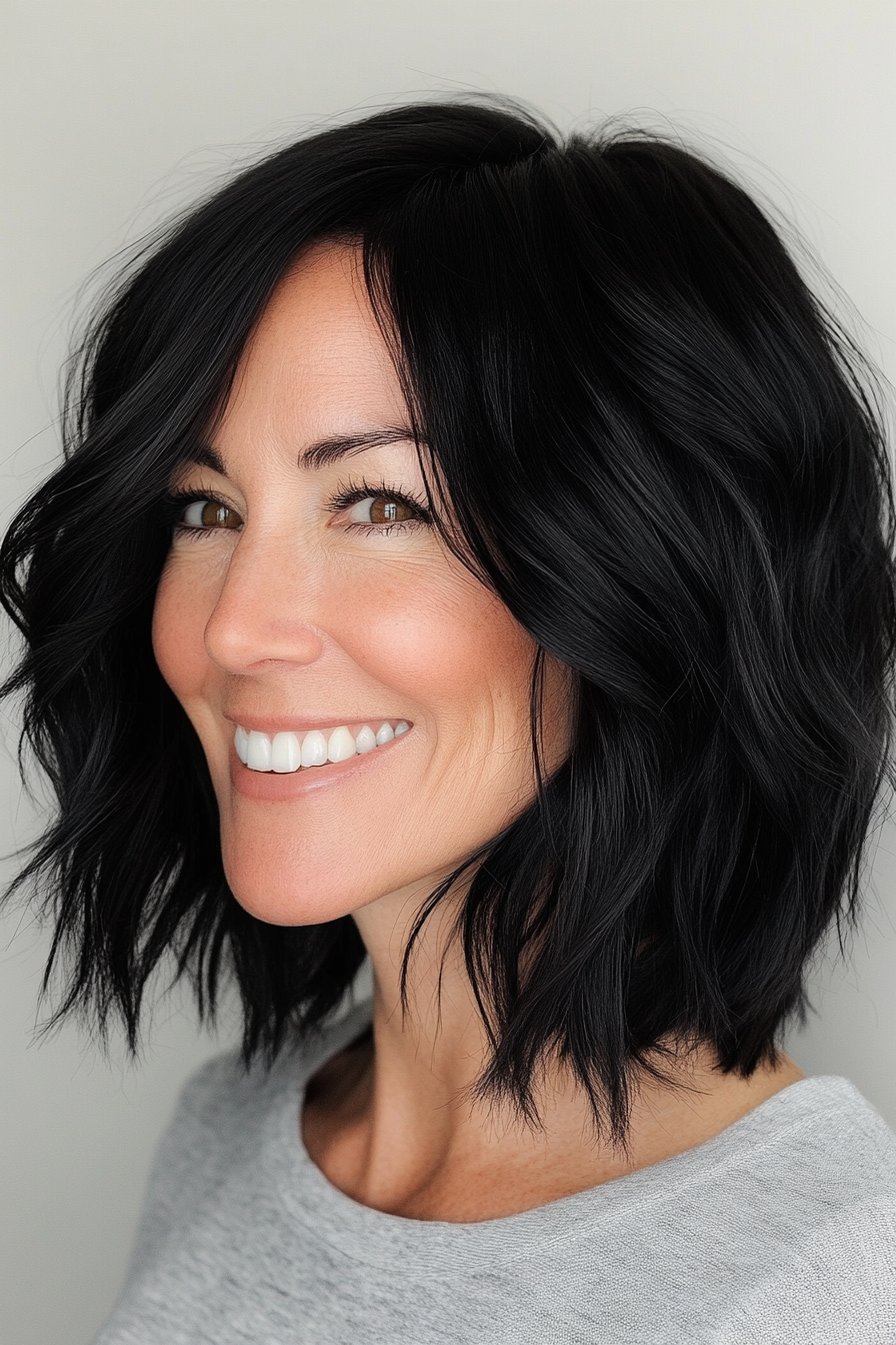 4. Textured Lob - Soft Black (Short Haircuts For Women Over 50 With Fine Hair) - Short Haircuts For Women Over 50 With Fine Hair