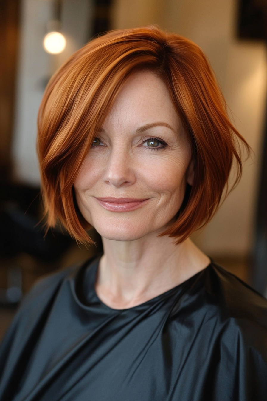 8. Sleek Asymmetrical Bob - Auburn (Short Haircuts For Women Over 50 With Fine Hair) - Short Haircuts For Women Over 50 With Fine Hair