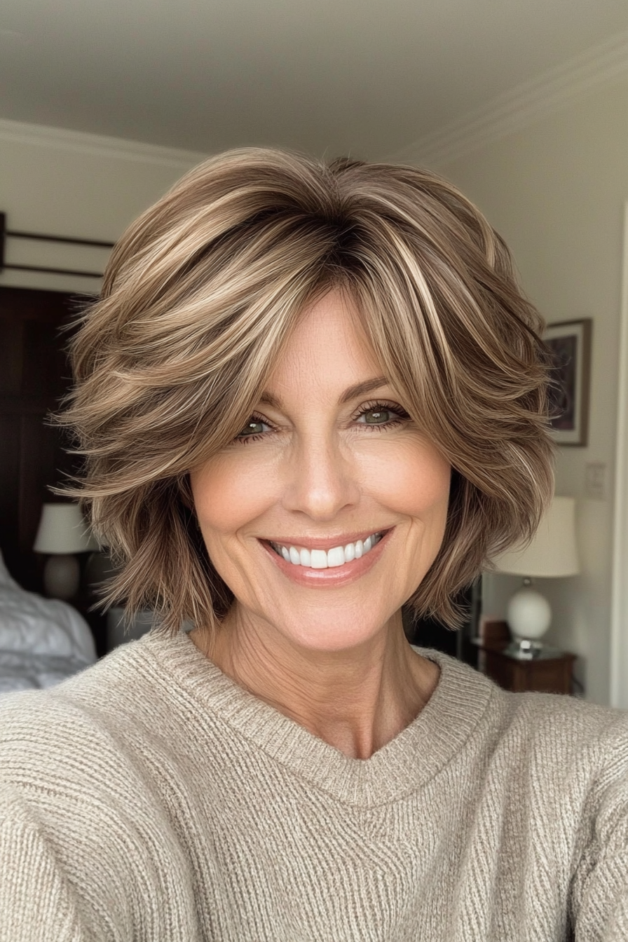 14. Tousled Lob with Layers - Light Brown (Short Haircuts For Women Over 50 With Fine Hair) - Short Haircuts For Women Over 50 With Fine Hair