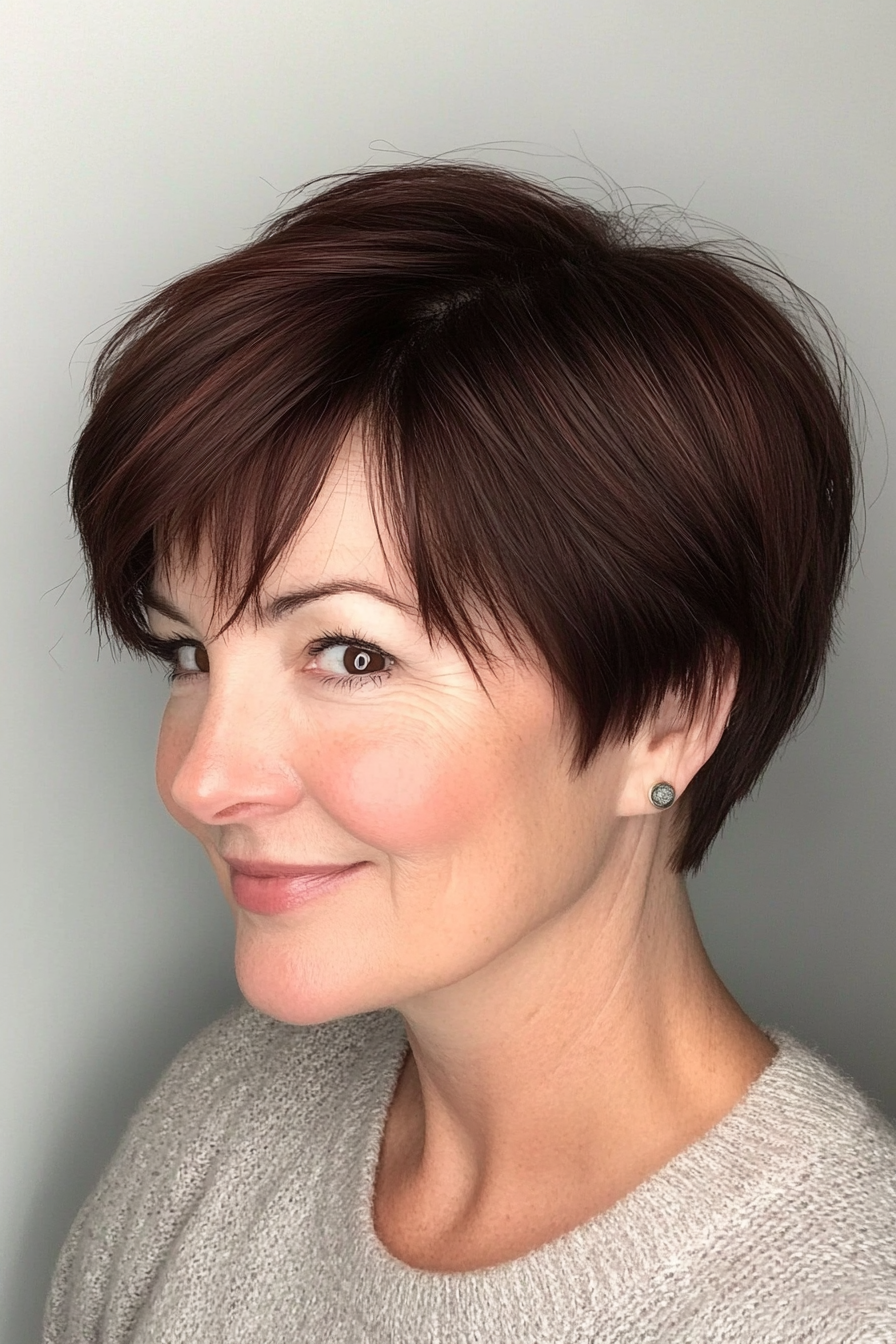 15. Pixie Cut with Side Swept Bangs - Dark Auburn (Short Haircuts For Women Over 50 With Fine Hair) - Short Haircuts For Women Over 50 With Fine Hair