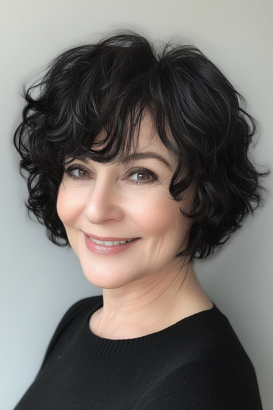 17. Bob with Soft Curls - Natural Black (Short Haircuts For Women Over 50 With Fine Hair) - Short Haircuts For Women Over 50 With Fine Hair