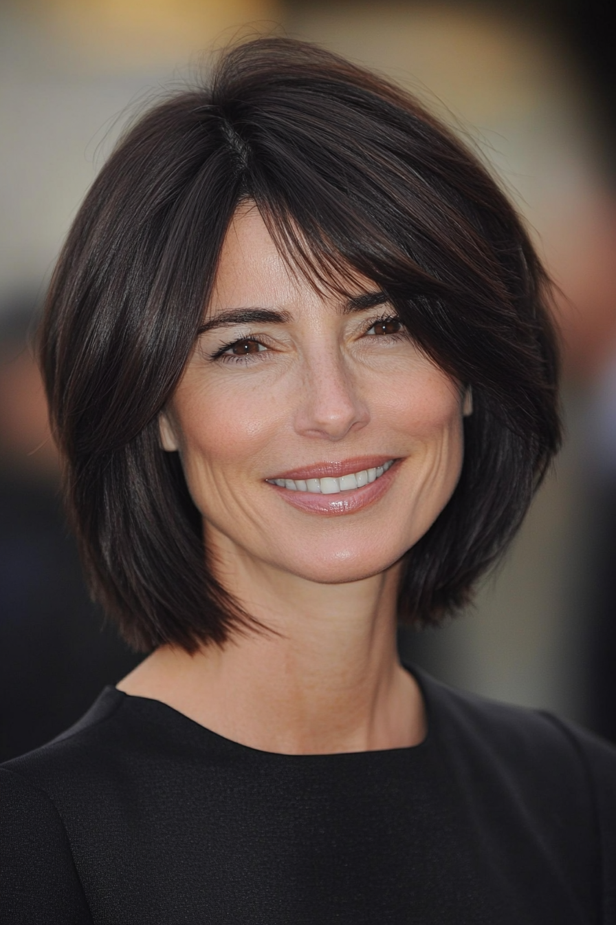 21. Sleek Bob with Long Layers - Dark Brown (Short Haircuts For Women Over 50 With Fine Hair) - Short Haircuts For Women Over 50 With Fine Hair