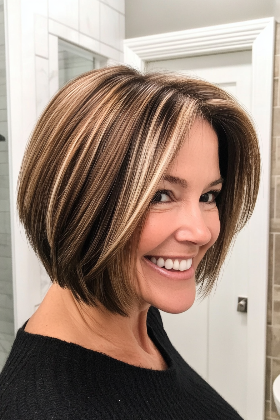 26. Chin-Length Bob with Highlights - Ash Brown (Short Haircuts For Women Over 50 With Fine Hair) - Short Haircuts For Women Over 50 With Fine Hair