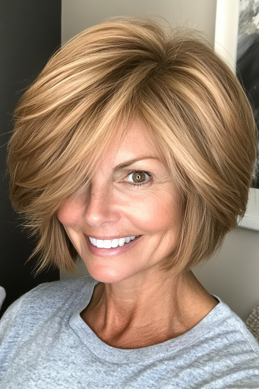 27. Stacked Bob - Chestnut Blonde (Short Haircuts For Women Over 50 With Fine Hair) - Short Haircuts For Women Over 50 With Fine Hair