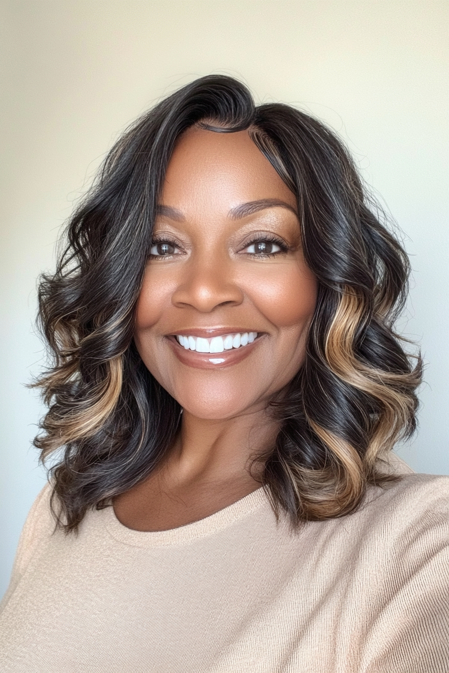 15. Wavy Lob with Highlights (Black Hairstyles For Women Over 60) - Black Hairstyles For Women Over 60