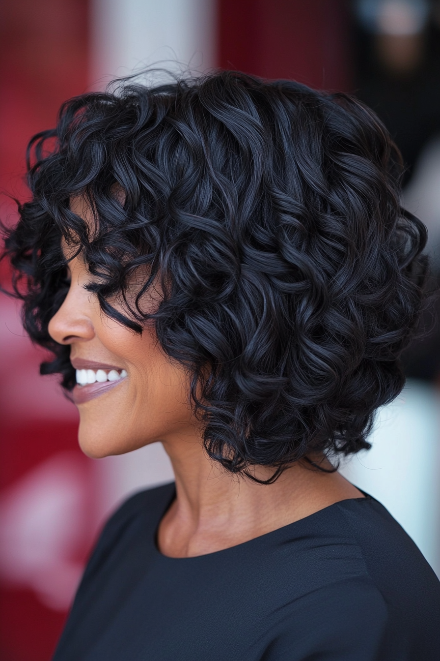 17. Curly Bob with Side Bangs (Black Hairstyles For Women Over 60) - Black Hairstyles For Women Over 60